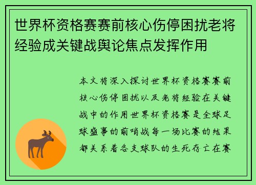 世界杯资格赛赛前核心伤停困扰老将经验成关键战舆论焦点发挥作用 世界杯资格赛赛前核心伤停困扰老将经验成关键战舆论焦点发挥作用